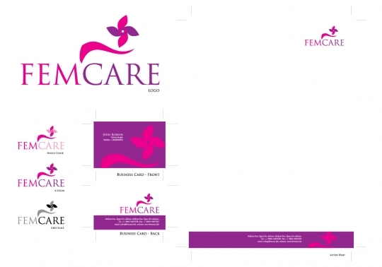 femcare logo with business cards and stationery
