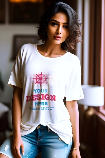 Free T-Shirt Mockup - Indian Girl in White T-Shirt - AI Generati