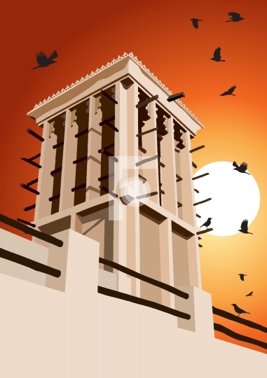 Historical Wind Tower and Birds Vector Illustration Dubai, Unite