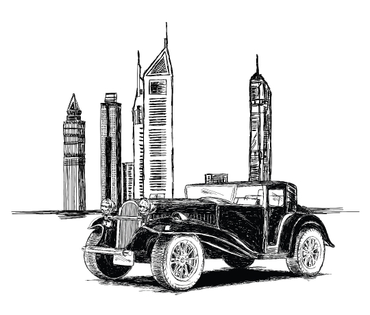 Modern Dubai Buildings and Vintage Car Vector Illustration