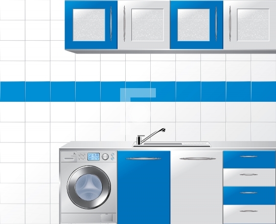 Modular Kitchen in Blue and Silver - Vector Illustration
