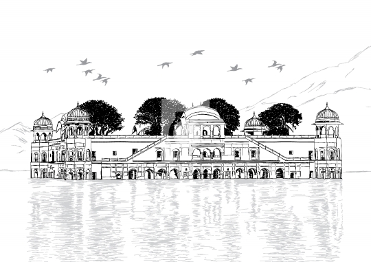 Palace in Water - Jal Mahal, Rajasthan, India Vector Illustratio