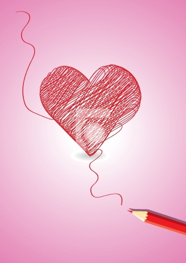 pencil with heart shape sketch in red color