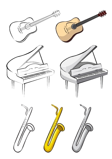 Three music instruments - guitar, piano, saxophone