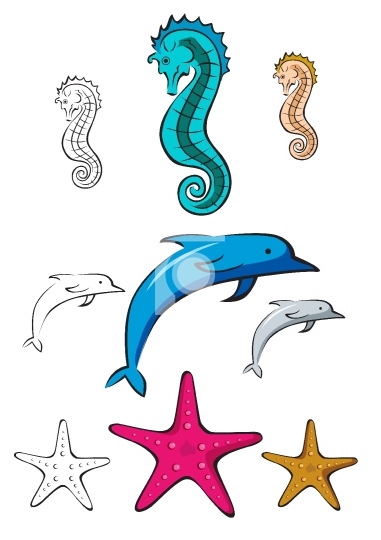 Vector illustration of sea horse, dolphin and star fish