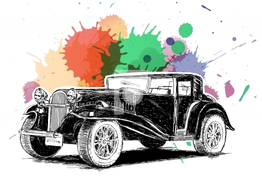 Vintage Retro Classic Old Car with colorful ink spatter Vector I