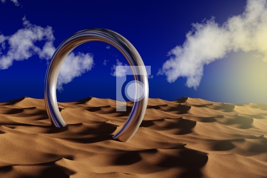 Abstract Futuristic Chrome Reflective Ring in a Desert - 3D illu