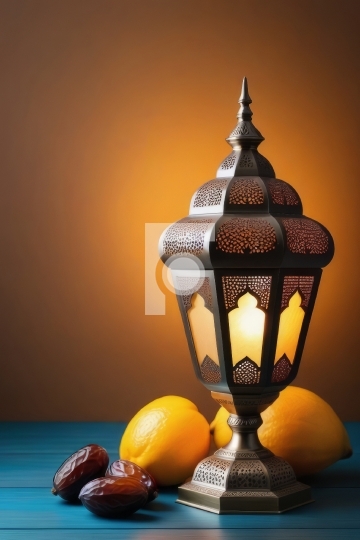 Ramadan Eid Lamp with Fresh Dates / Oranges - Free Photo - AI Ge