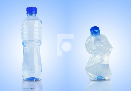 Two bottles - one fill with water, other empty and crushed